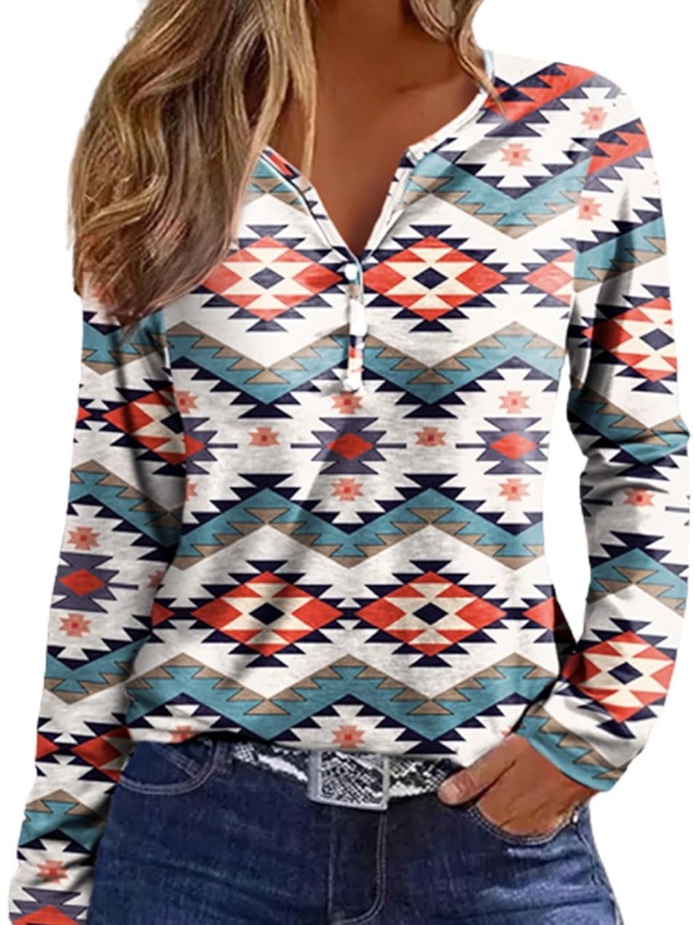Aztec Southwestern Print Henley Long Sleeve Top Shirt Size L
